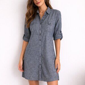 Anthropologie FEI Women's Heather Blue Tab Sleeve Chambray Shirt Dress Size S
